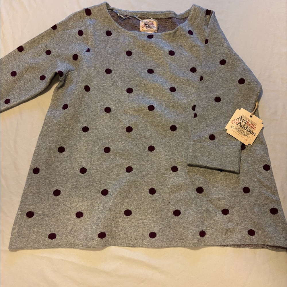 Gray Long Sleeve Sweater with Purple Polka Dots